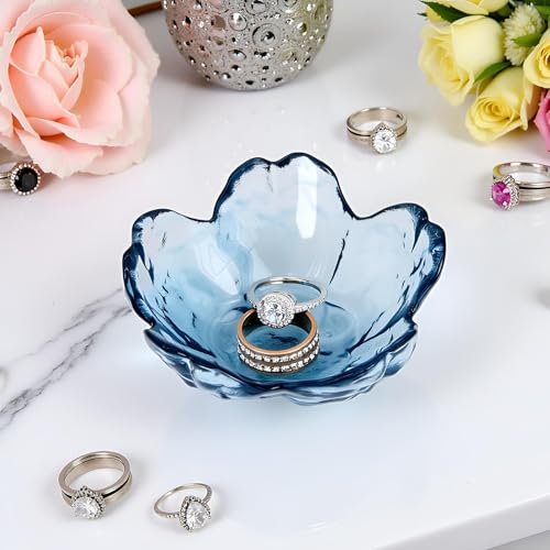 Crystal Blue Flower Ring Dish - Decorative Glass Jewelry Tray