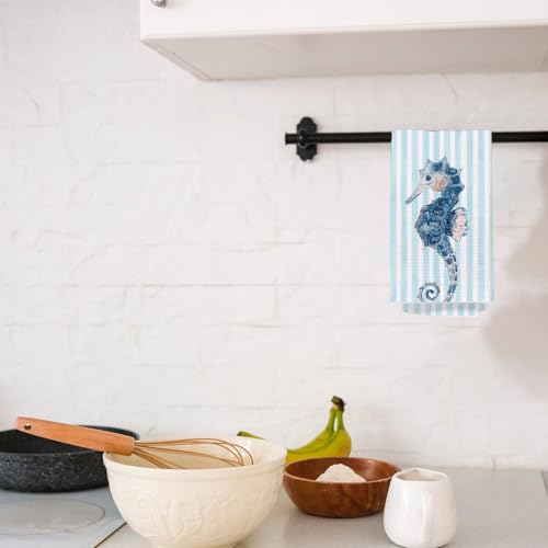 Sea Horse Kitchen Towels - Blue Striped Seahorse Design, 16x24 Inch