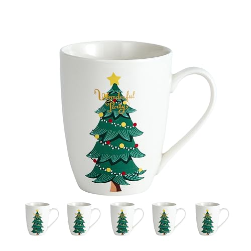Christmas Tree Mugs Set of 6 - 14oz Bone China Coffee Cups, Microwave & Dishwasher Safe, Gift for Family (6pcs) Variation of Mug