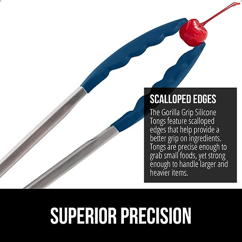 GORILLA GRIP Stainless Steel Kitchen Tongs, 7" & 9" Set, Blue Silicone Heads