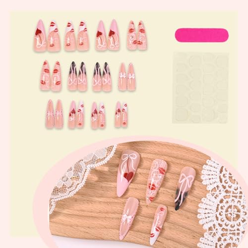 Valentine Press on Nails Long Almond Heart False Nails 24 Pcs