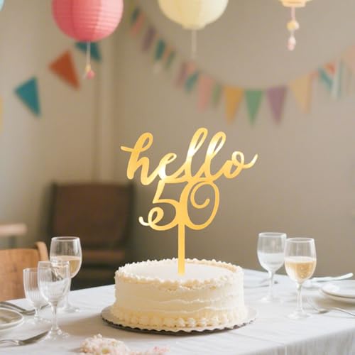 Hello 50 Cake Topper - Gold Acrylic for 50th Birthday & Anniversaries