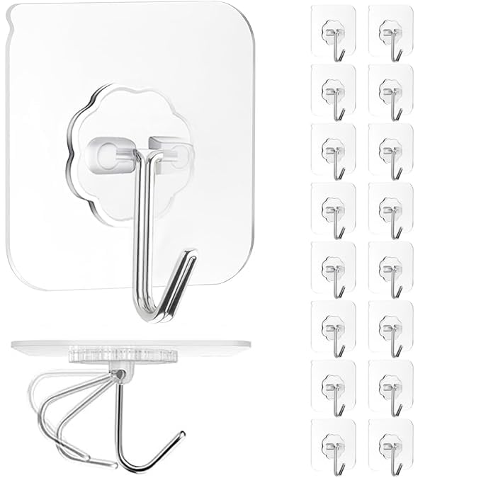 PapaPick 16Pcs Heavy-Duty Transparent Self-Adhesive Wall Hooks 33lb Max Load