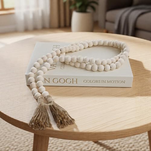 58-Inch Rustic Wood Bead Garland with Tassels for Home Decor