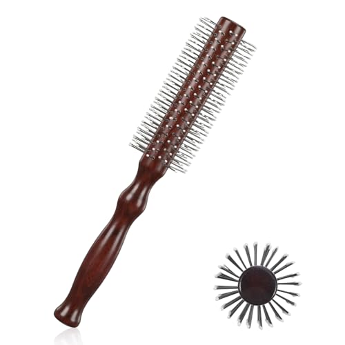 Small Round Hair Brush for Blow Drying & Men's Beard Grooming - Wooden