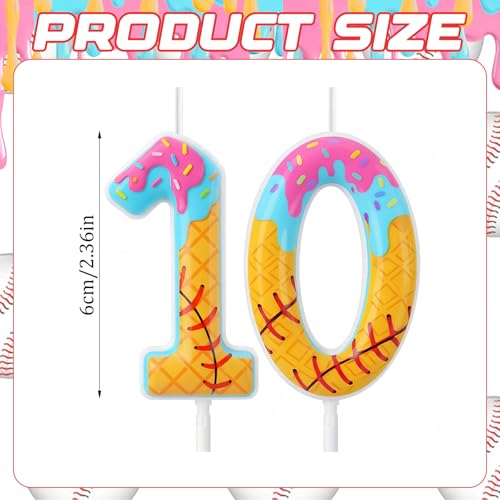 10th Birthday Baseball Number Candles, Ice Cream Drip Cake Topper Set