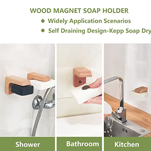 2pcs Beech Wood Magnetic Soap Holder - Self Draining Shower Dish