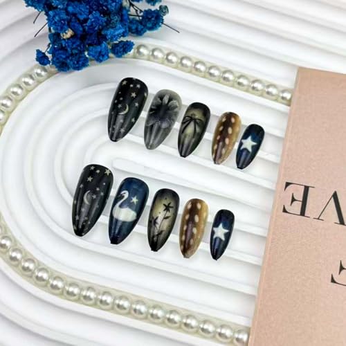 Medium Almond Press on Nails Star Moon Bow Glossy Acrylic Fake Nails