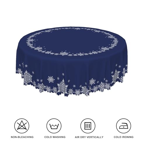 Christmas Round Tablecloth 60 Inch Navy Blue & White Snowflakes Waterproof Fabric