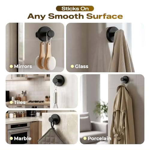 LOOHOI Heavy Duty Suction Cup Hooks - 4 Pack Black Stainless Steel Towel Hooks