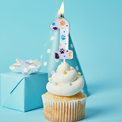 Cute Paw Print Birthday Candle - 3.94 Inch Blue Number 1 Cake Topper