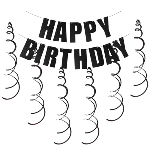 Black Glitter Happy Birthday Banner with Hanging Swirls - 7pcs Set