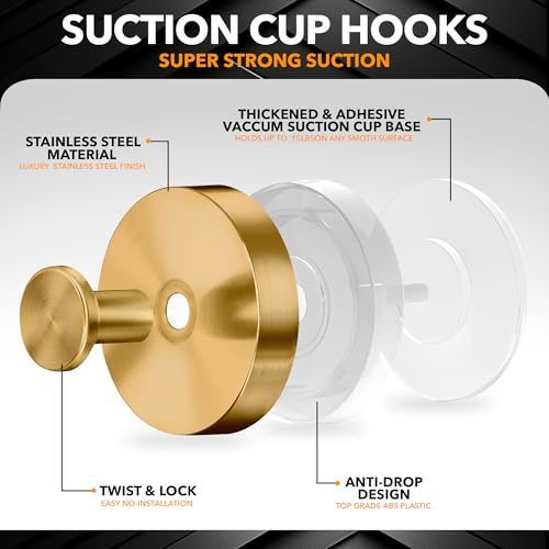 Besti Champagne Bronze Suction Cup Hooks - Strong Hold for Bathroom & Kitchen