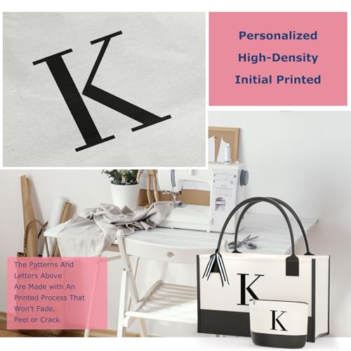 Monogrammed Canvas Tote Bag with Zipper Pockets - Perfect Gift
