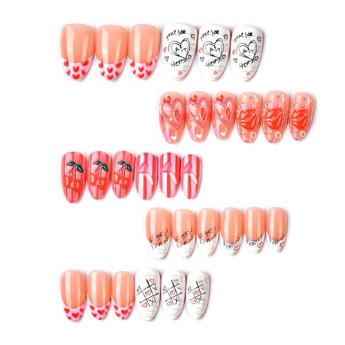 Valentines Press on Nails Short Almond French Tip Fake Nails 30pcs