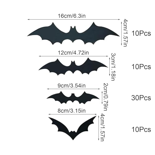 60PCS 3D Halloween Bat Decorations - PVC Wall Stickers in 4 Sizes