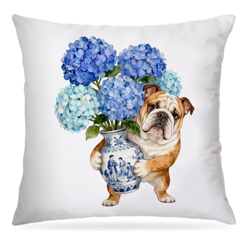 Blue Chinoiserie English Bulldog Pillow Cover - Dog Print 18x18 Inch
