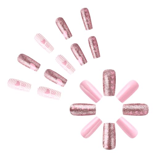 Pink Heart Press on Nails Medium Square Fake Nails with Glitter