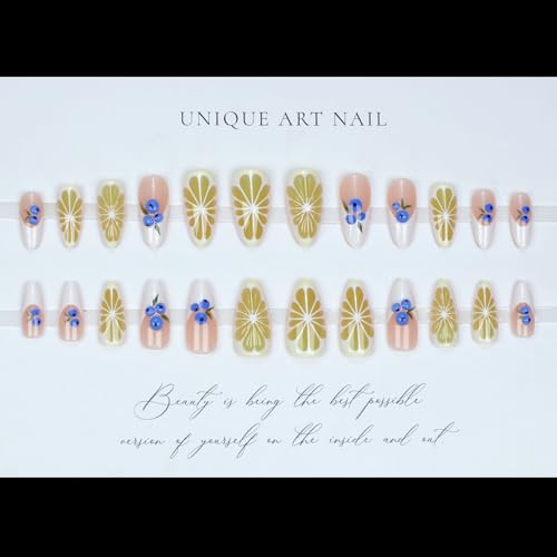 3D Fruit Press On Nails Medium Almond French Tip False Nails