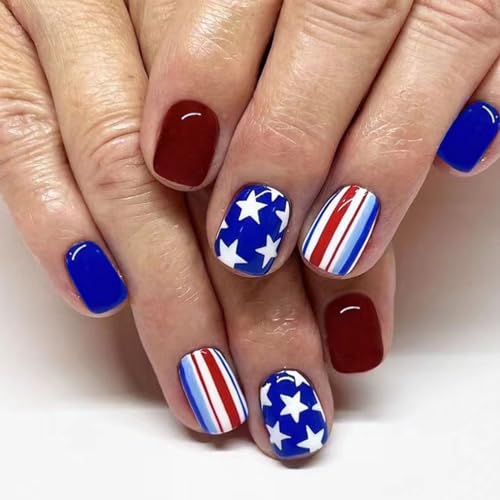 Short Press on Nails Independence Day Square Glossy Red Blue Acrylic