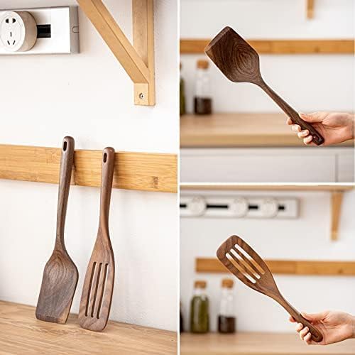 Gudamaye 12-Inch Black Walnut Wooden Cooking Spoons - 6-Piece Long Handle Utensil Set