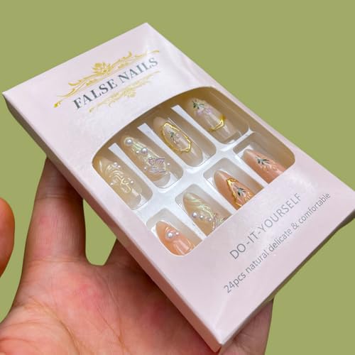 3D Butterfly Press On Nails Almond French False Nails 24PCS Kit