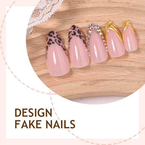 Octoswave Medium Almond Press on Nails French Artificial Fake Nails with Leopard and Rhinestones Charms 24pcs