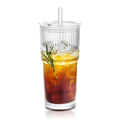 Puraville 20oz Ribbed Glass Cup with Lid and 2 Straws - 1 Pack