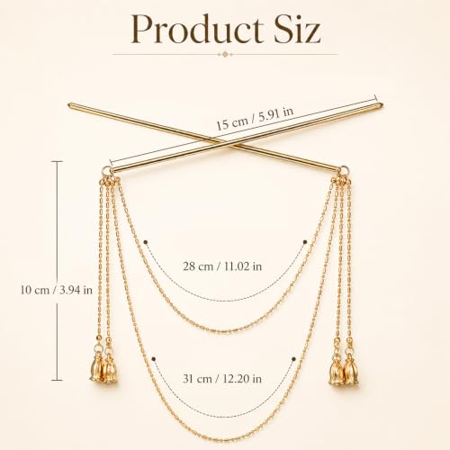 Vintage Gold Hair Pins with Tassel Chains Chinese Style Hair Stick