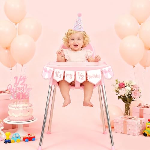 Half Birthday Decoration Set for Baby Girls with Banner, Hat & Cake Topper