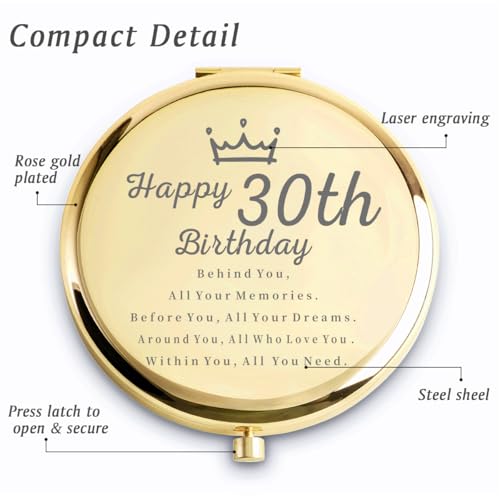 30th Birthday Engraved Compact Mirror Gift for Women by QUSTGO