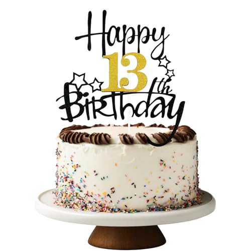 Happy 13th Birthday Cake Topper - Black & Gold Glitter Decoration