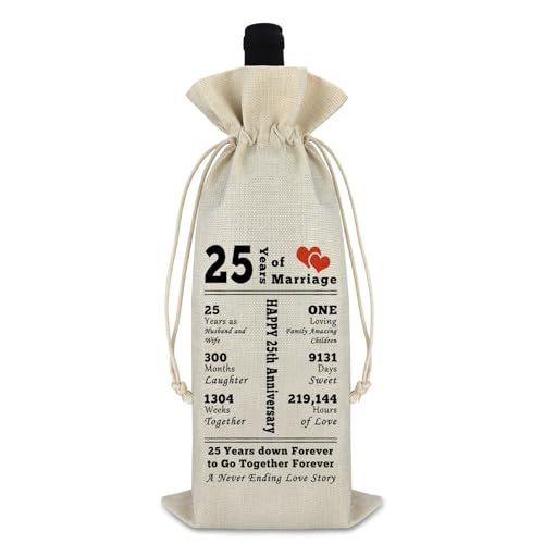 25th Anniversary Wine Bag for Couples - Burlap Drawstring Keepsake