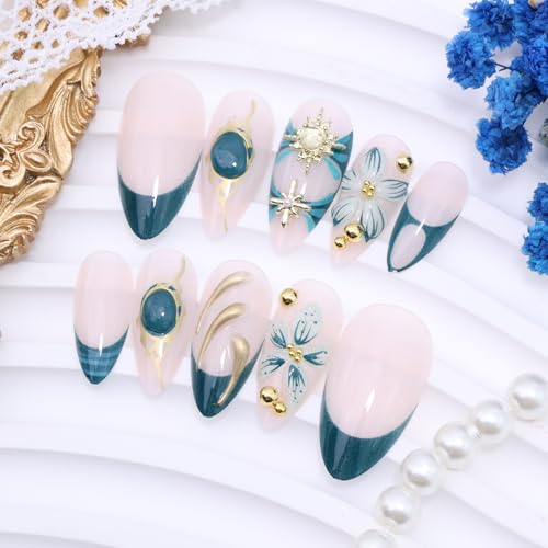BUNLVDI Blue French Tip Press on Nails Medium Almond Flower False Nails 24Pcs