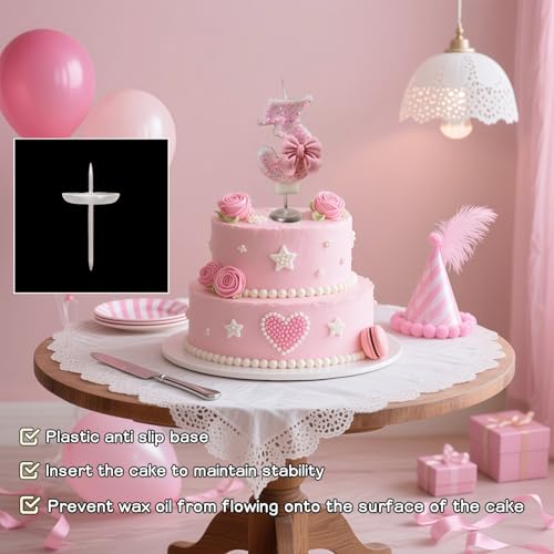 Number 3 Pink Glitter Birthday Candle with Bow - 2.95 Inch Cake Topper