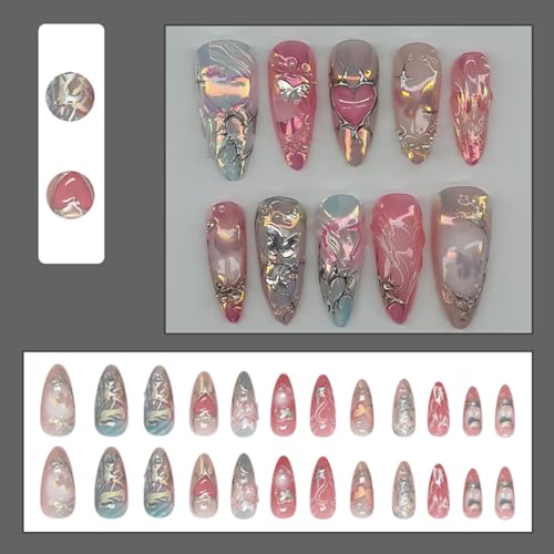 Pink Heart Press on Nails Medium Valentines Fake Nails with 3D Butterfly