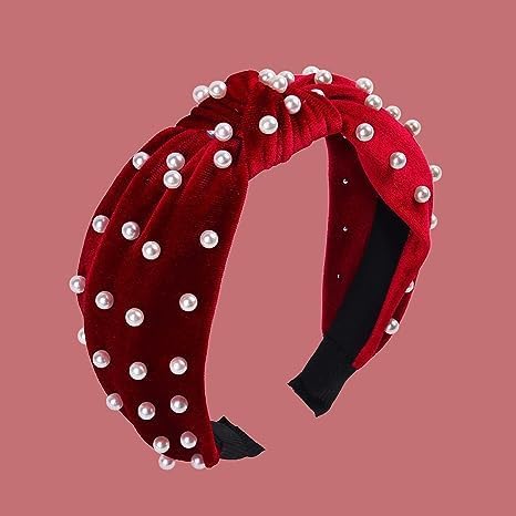 Red Knotted Headband with Pearls and Gold Accents