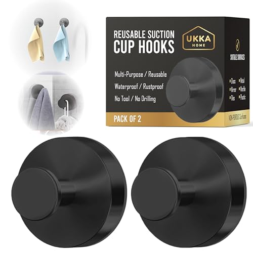 UKKA HOME Suction Cup Hooks, Stainless Steel Waterproof Hook (2-Pack, Black)