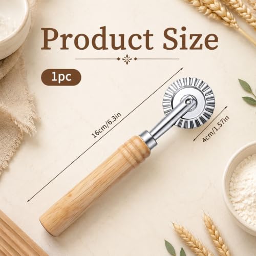 Fluted Pastry Wheel Cutter - 6.3 Inch Metal Dough Cutter with Oak Handle