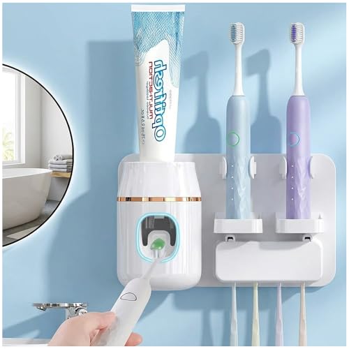 TuCao White Wall Mounted Toothbrush Holder with Automatic Toothpaste Dispenser