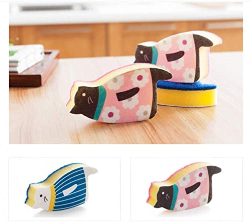 MosBug Cute Cat Dish Sponges - Non-Scratch Kitchen Scrubbers, Blue/Pink Set
