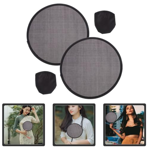 Vintage Handheld Round Folding Fan - Black Portable with Pouch