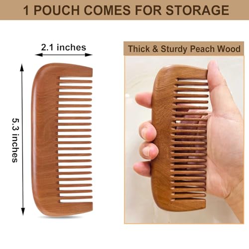 Natural Wooden Hair and Beard Comb Anti-Static Peachwood Scalp Massager with Pouch