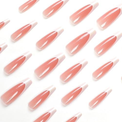 MABKJLF Long Coffin Press on Nails - French Tip Pink False Acrylic Nails