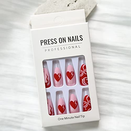 FRUZJAY Red Almond Press on Nails with Cute Flower and Heart Design