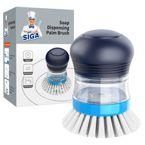 MR.SIGA Soap Dispensing Dish Brush - Refillable Non-Scratch Kitchen Scrubber, Navy/Blue