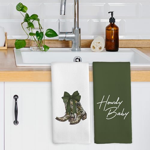 Green Bow Kitchen Dish Towels Set of 2 - Stylish Cowgirl Decor