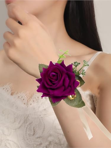 Purple Velvet Wrist Corsage & Boutonniere Set for Weddings
