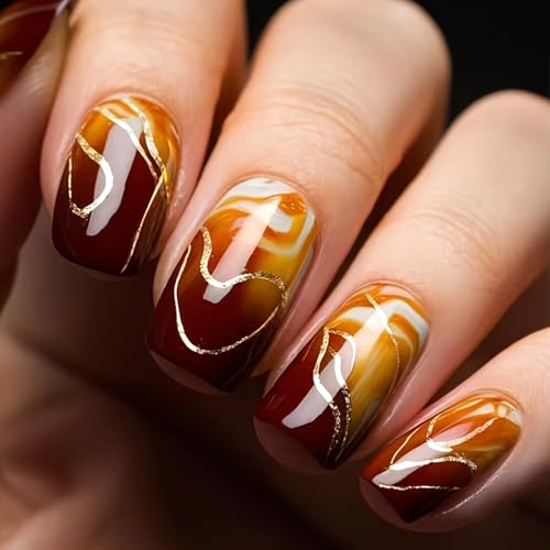 Ombre Brown Medium Square Press on Nails Glossy False Acrylic Nail Kit