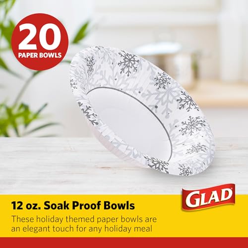 Glad Holiday Snowflake Disposable Paper Bowls, 12 Oz, 20 Count